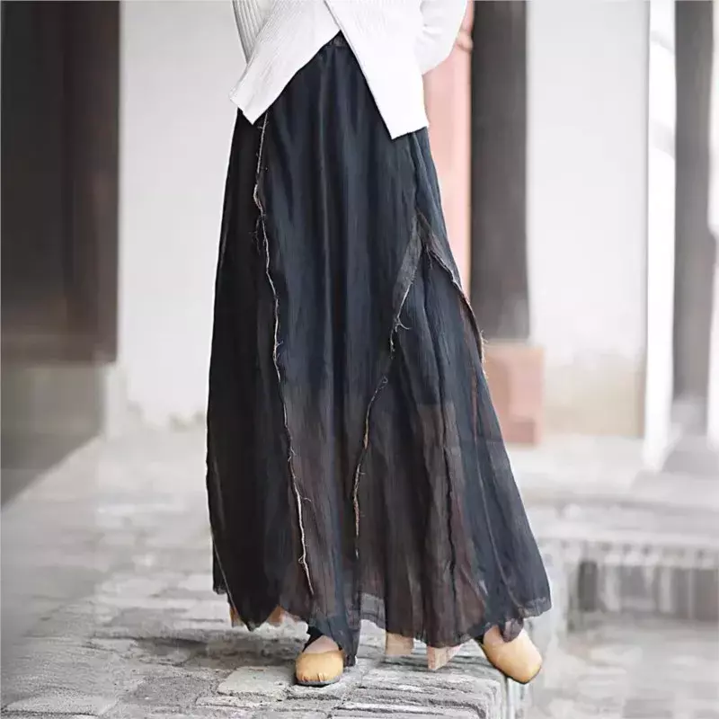 Retro Casual Irregular Skirt 2024 Women New Spring Summer Tencel Spliced Vintage Elastic Waist All-match Skirt