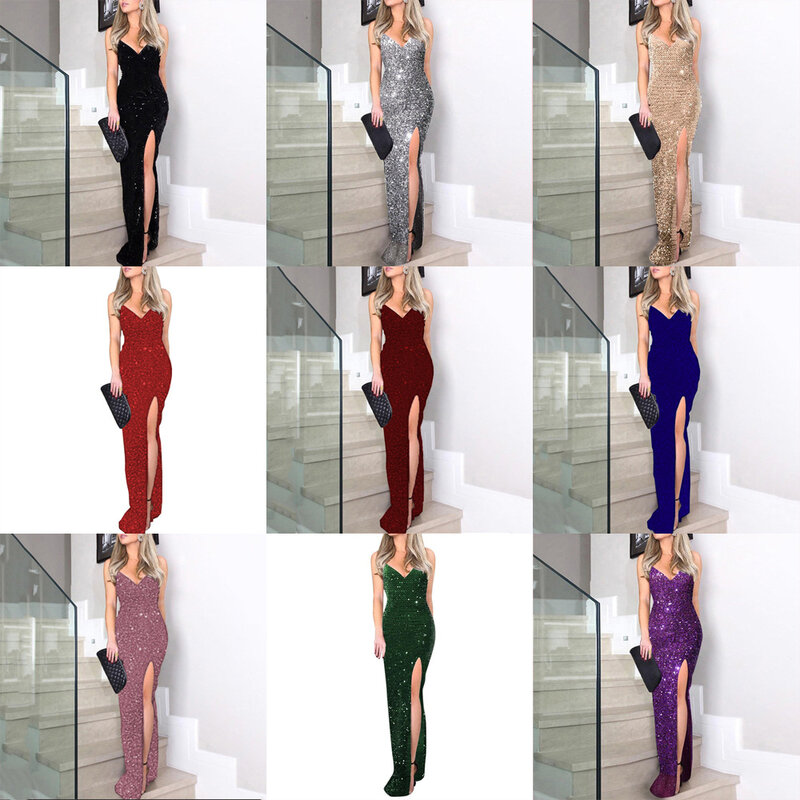 Женское блестящее Деловое платье, блестящее Элегантное коктейльное платье на бретелях-спагетти с V-образным вырезом, Сексуальные облегающие вечерние платья с высоким разрезом, 2024