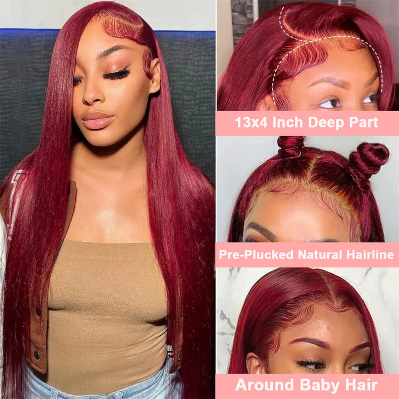 99j Burgundy 13x4 Lace Front Human Hair Wig Brazilian Colored Red Lace Front Wigs Hd Straight 4x4 Human Hair Lace Closure Wig