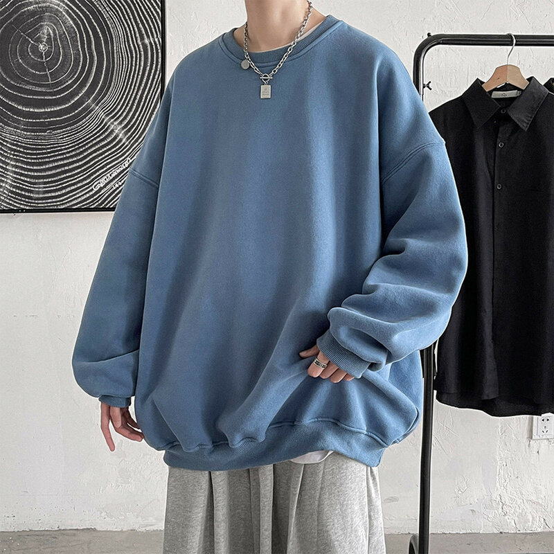 Harajuku Sweatshirts Men's 2023 Autumn Korean Solid Color Fleece Oversized Pullovers Casual O Neck Basic Tops Hip Hop Streetwear