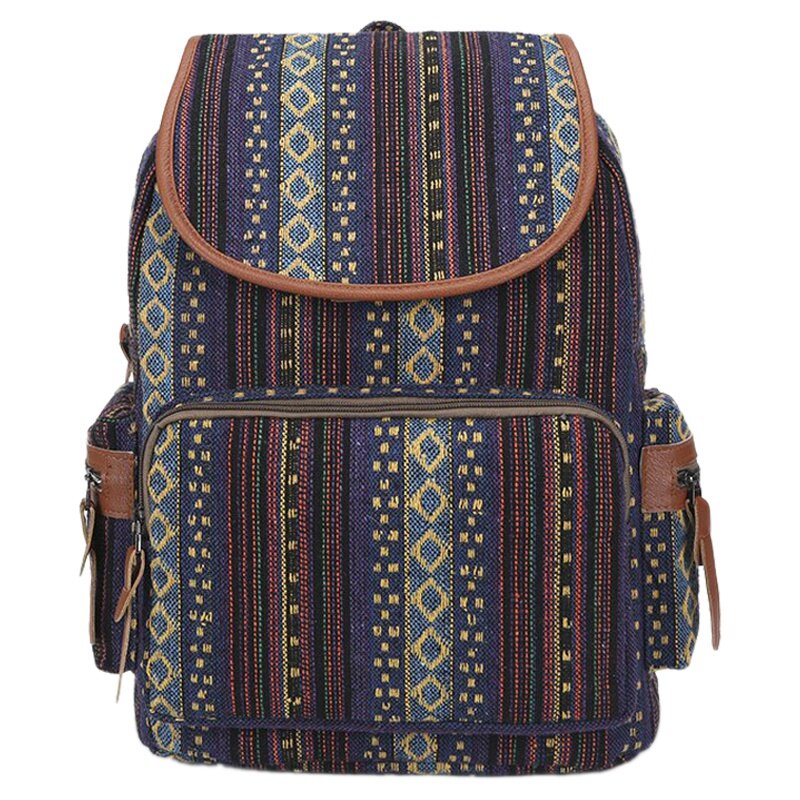 Women National Style Canvas Wide Shoulder Strap Bucket Fashion Wild Simple Printing Travel Backpack