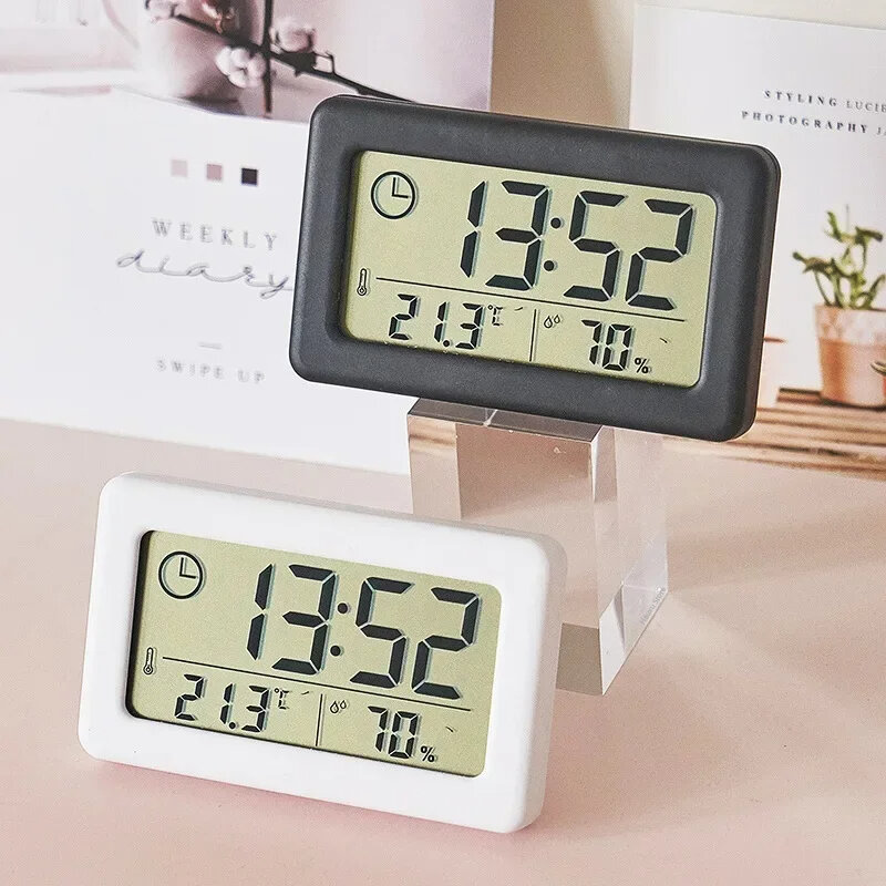Mini relógio digital com temperatura e umidade, relógio eletrônico portátil, termômetro, higrômetro, alimentado por bateria, 12/24h