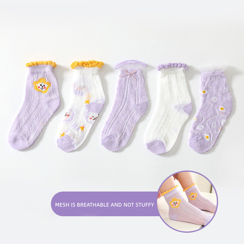 Детские носки 5 парт/Лот, весна-лето, хлопковые носки для девочек и мальчиков с милым цветочным рисунком для детей, детские сетчатые носки пр...