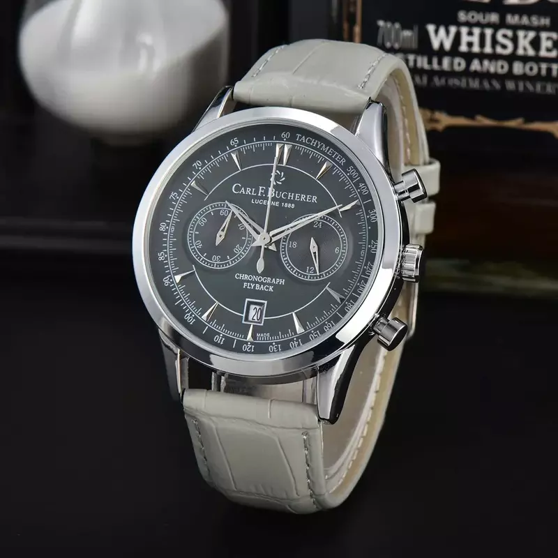 New Carl F. Bucherer Watch Marley Dragon Flyback Chronograph Gray Blue Dial Top Leather Strap Quartz Men's Watch  Luxury Watch