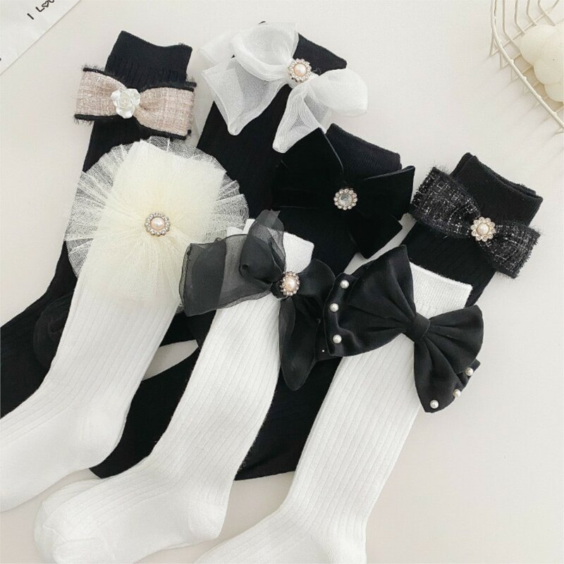 Носки для девочек с жемчугом и большим бантом, милые носки принцессы, детские носки из чесаного хлопка для младенцев