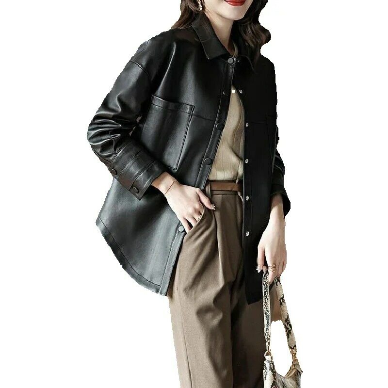 Manteau long en peau de mouton pour femme, veste en cuir véritable, coupe-vent silhouette coréenne, nouveau