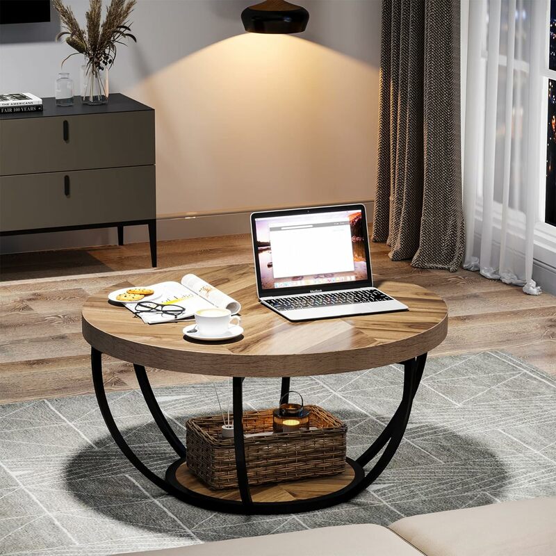 Tridends-mesa de centro redonda, mesa de centro de 2 camadas com prateleiras, guia central moderna de madeira, 37/7 polegadas