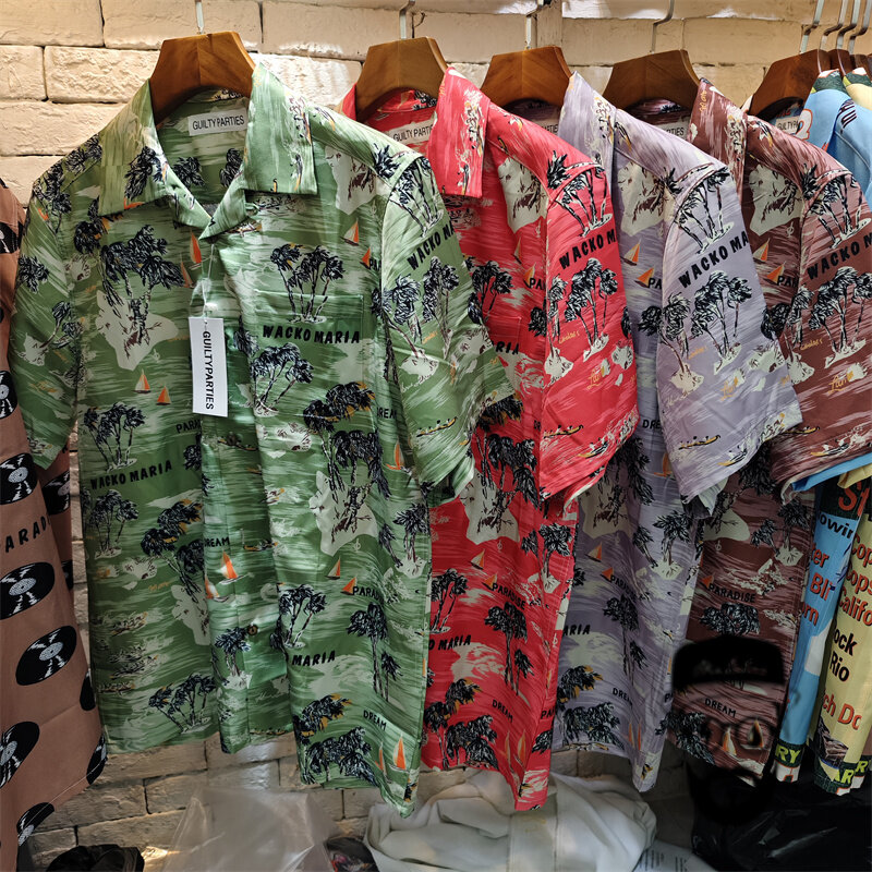 Free Shipping WACKO MARIA Shirt Coconut Tree Sailboat Full Print Hawaiian Men's and Women's Top Tee