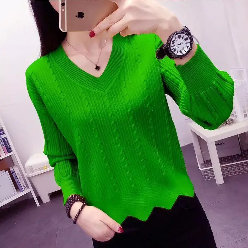 Fashion Loose V-Neck Solid Color Folds Ruffles Sweaters Women's Clothing Autumn Winter Loose Commuter Pullovers Casual Tops E107