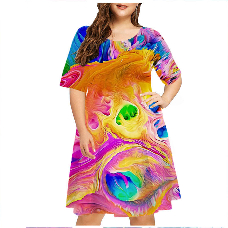 Abstrakcyjny wydruk sukienka damska z gradientem malowana odzież Plus Size letnia moda uliczna z krótkim rękawem luźna sukienka z okrągłym dekoltem