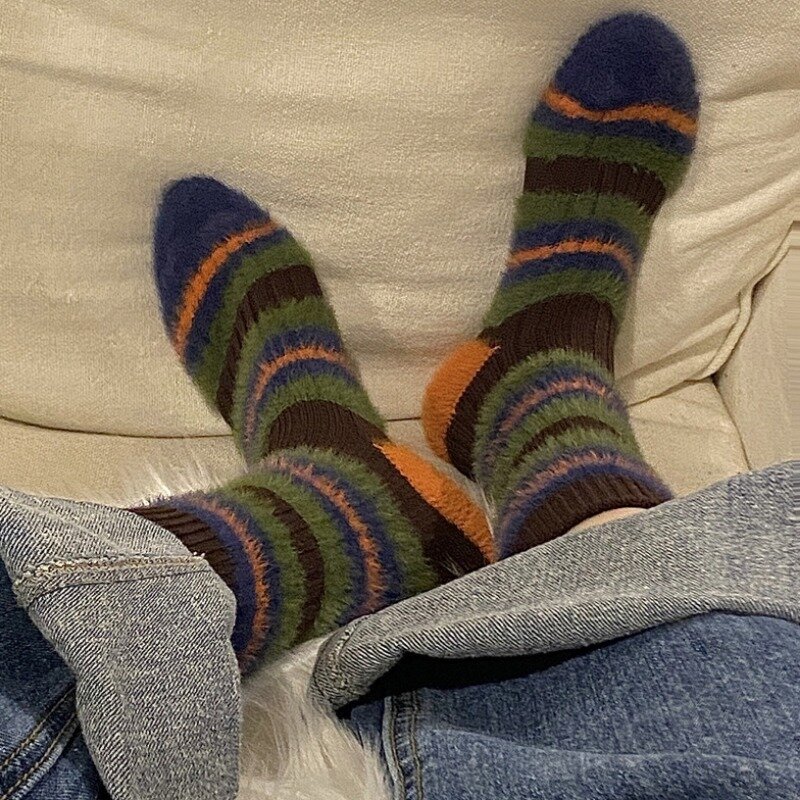 1/2pairs Women Striped Colorblock Mink Velvet Socks Kawaii Winter Thicken Warm Socks Sleep Bed Floor Home Fluffy Sock Harajuku