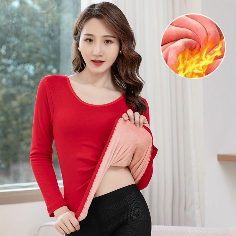 Camiseta de manga comprida de veludo grosso com gola redonda para mulheres, tops térmicos, fundo quente, controle de barriga, simples, casual