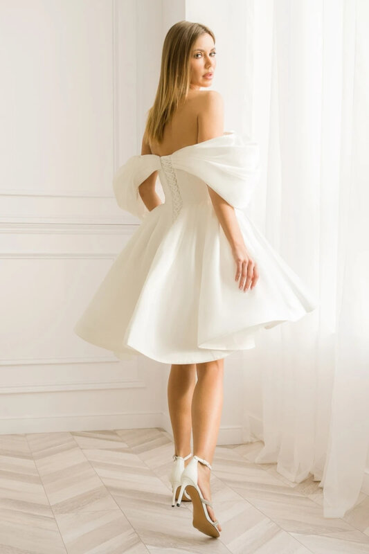 Vestido de casamento com comprimento curto do tornozelo para mulheres, personalizado para medir organza elegante, fora do ombro, impressionante, 2024