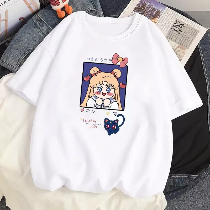 Women's T-shirt Japanese Anime Cute Print Tops Girls Blouse Harajuku Clothing Sailor Moon Kawaii Cartoon Clothes Y2k Streetwear