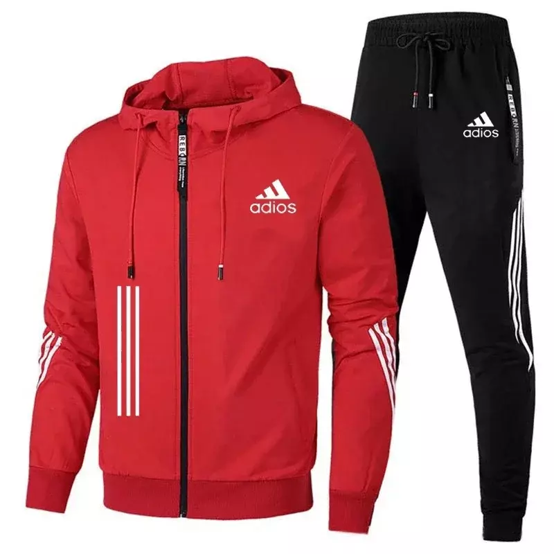 Merek baru pakaian olahraga setelan pria 2 potong Hoodie dan celana olahraga kasual pakaian Gym Jogging setelan pria hitam merah