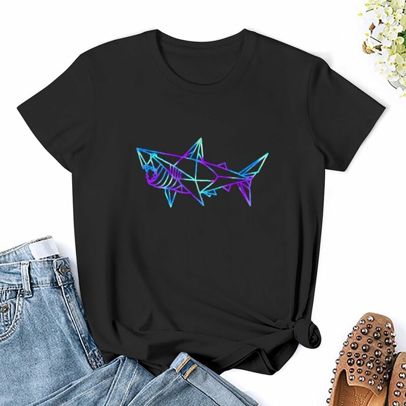 Camiseta de manga corta con estampado de tiburón Origami para mujer, ropa vintage, blusa 2024