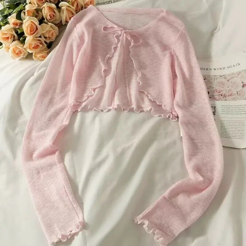 Summer Cropped Cardigan Women New Basics Slim Lace Long Sleeve Thin See Through Sweater Jacket Cover Tops 4 Colors