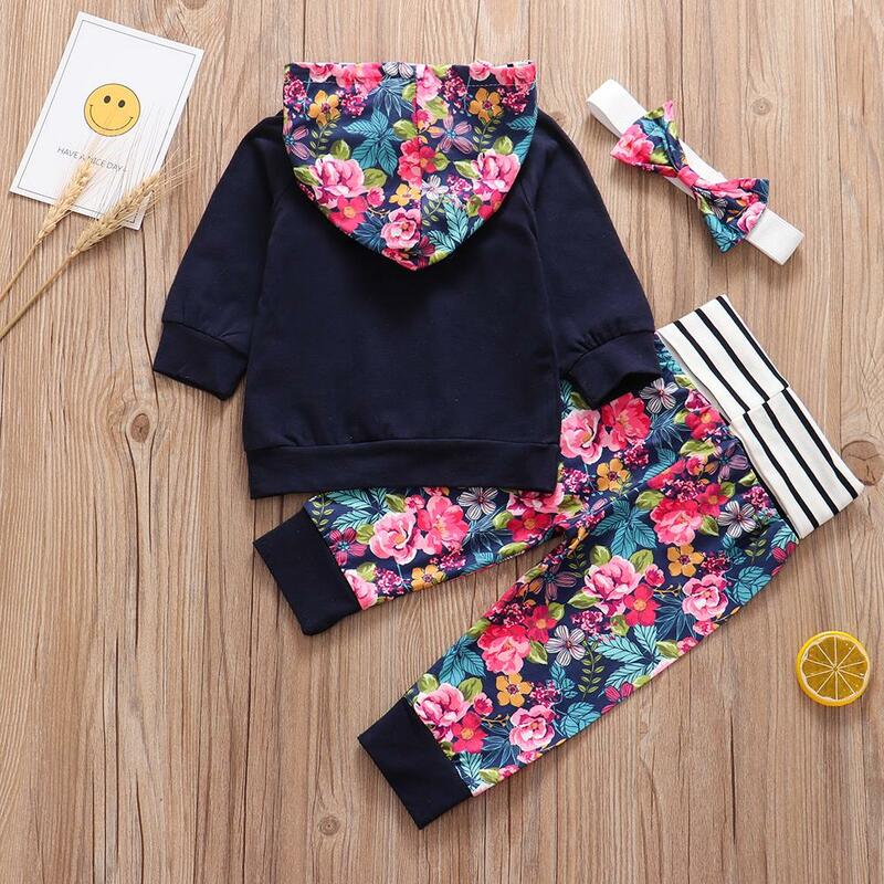 3Pcs Infant Clothes Floral Baby Girl Set Cute Hooded Long Sleeve Tops Flowers Print Pants Headband Autumn Winter Clothing Outfit