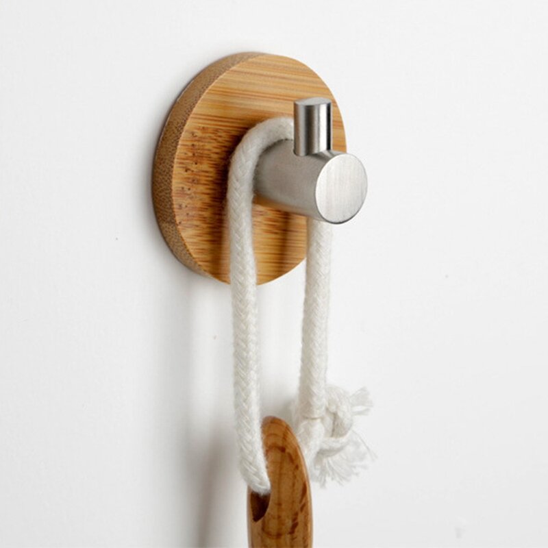 Bamboo Stainless Steel Hook Wall Clothes Bag Headphone Key Hanger Kitchen Bathroom Door Towel Rustproof Shelf