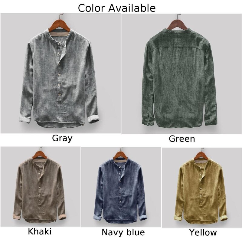Men Tops Solid Color Stand-Up Collar T-Shirt Vintage Button Down Casual Collarless Fashion Lapel Neck Long Sleeve