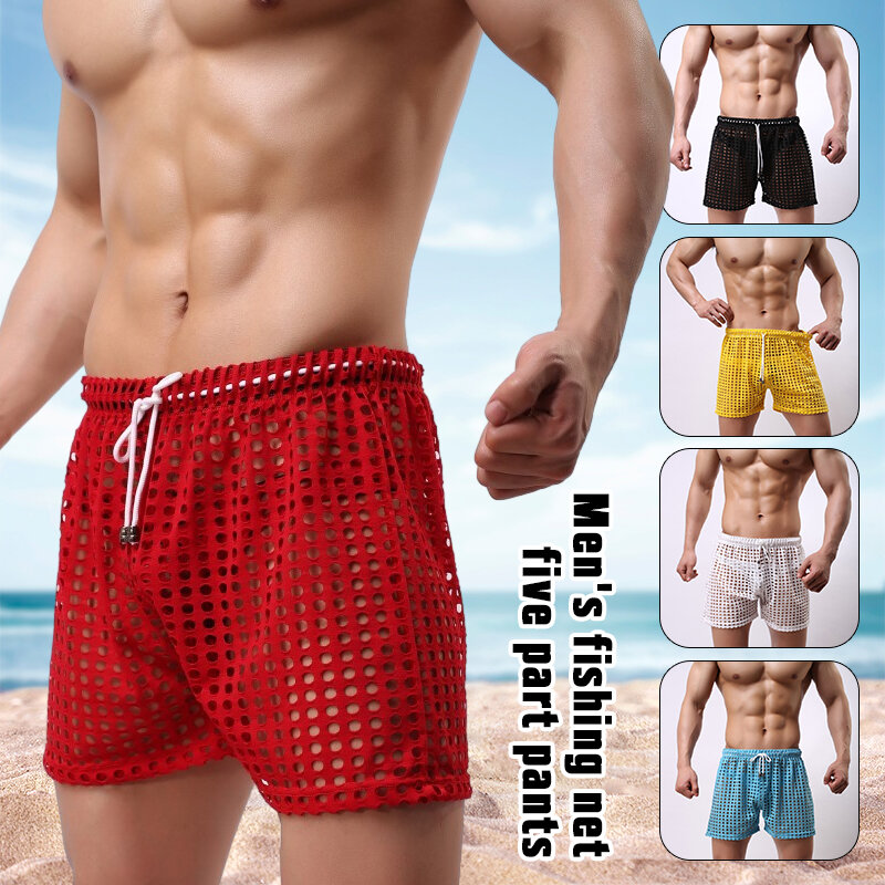 Sexy Hollow Out Fishnet Underwear masculino, Boxer solto, Drawstring Shorts de lounge, roupa de dormir masculina, malha, Shorts de praia respirável