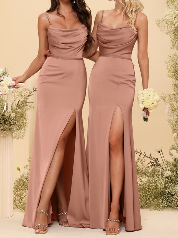 Satin Spaghetti Straps Bridesmaid Dress Plain Simple High Slit Backless Evening Dress Elegant Sleeveless Floor-Length Prom Gowns