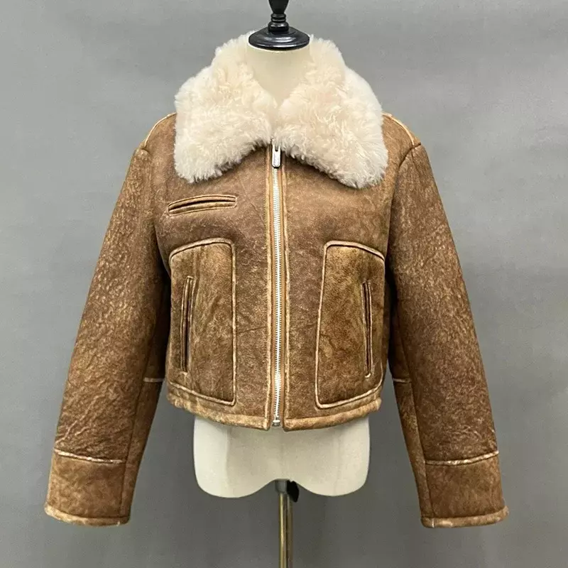Jaket kulit domba modis untuk wanita, jaket kulit domba Fashion 2023 bahan wol asli, jaket pengendara sepeda motor musim dingin untuk wanita