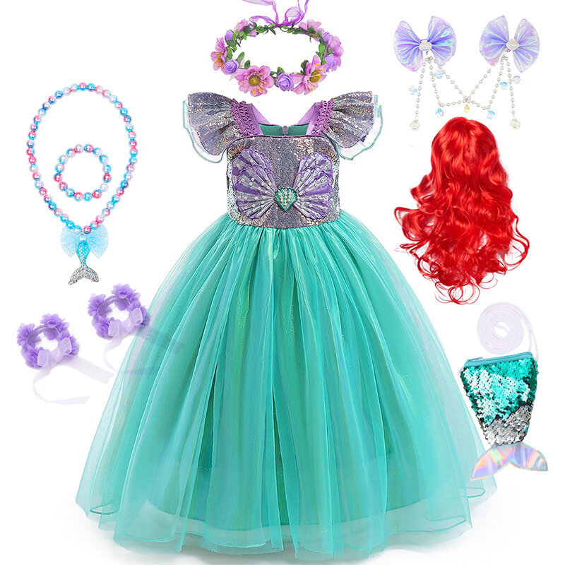 Disney Princess Ariel Cosplay fantasia para meninas, A Pequena Sereia, vestido de tule fofo, manga voadora, vestidos de lantejoulas, luxo, crianças, verão