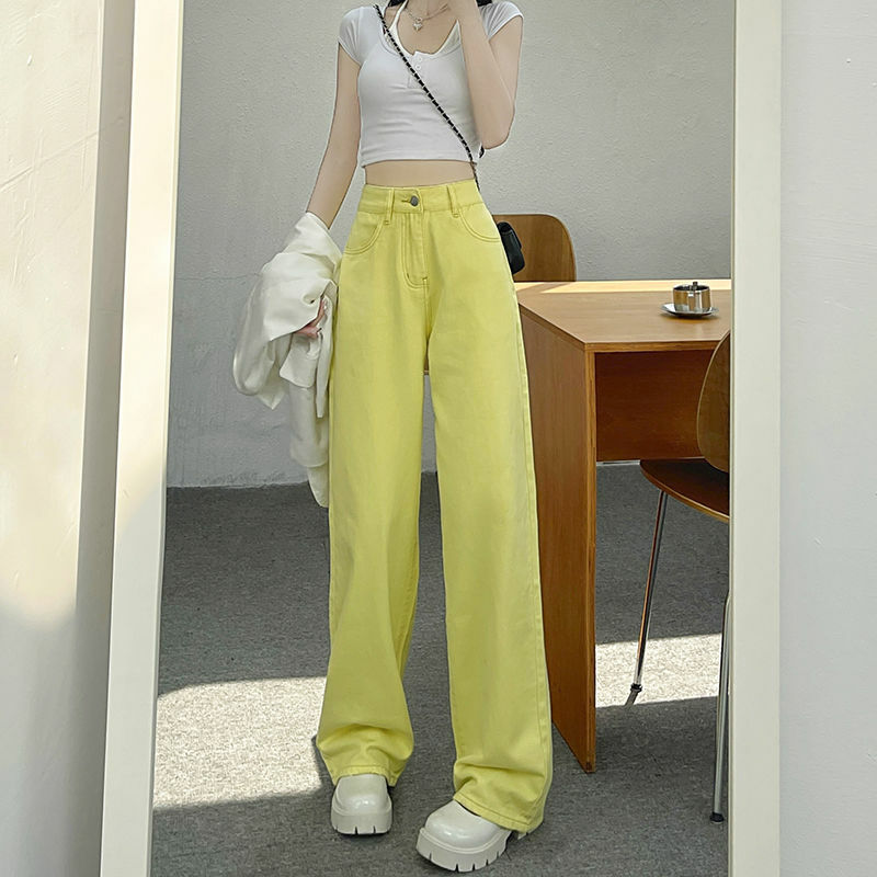 Джинсы однотонные с широкими штанинами, прямые свободные тонкие брюки с высокой талией, корейский стиль, весна-лето 2024