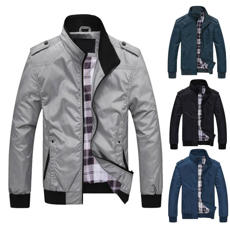 Men Coat Solid Color Stand Collar Loose Zipper Spring Jacket for Daily Wear