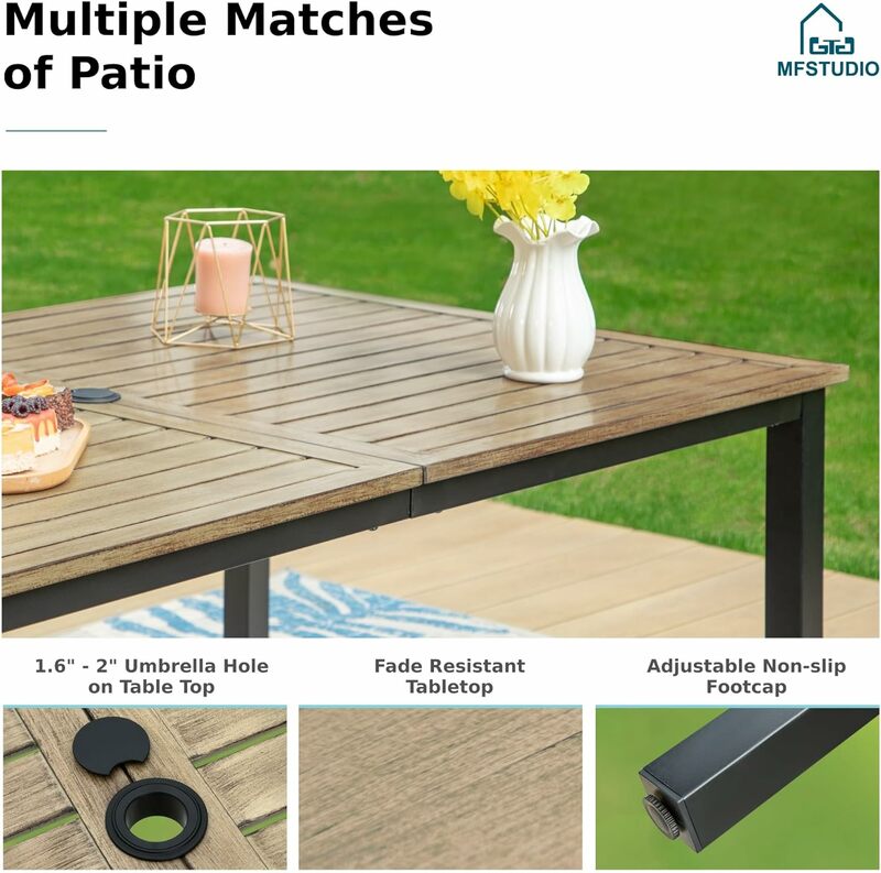 Rectangle Outdoor Dining Table, Patio Furniture Wood-Like Tabletop with Adjustable Umbrella Hole for Deck,Backyard,Lawn,Garden