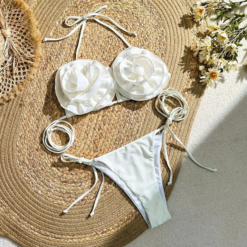 Seksowny kwiat 3D mikro mini bikini zestawy trójkąt dwa kawałki wyściełane stringi stroje kąpielowe damski strój kąpielowy biquini
