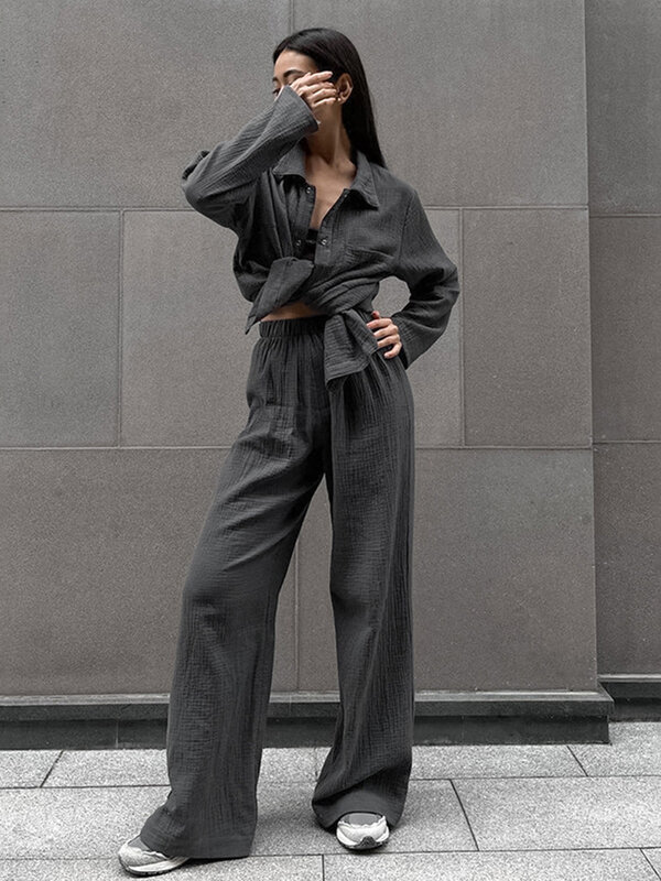 Marthaqiqi Casual Female Sleepwear 2 Piece Suit Turn-Down Collar Nightwear Long Sleeve Nightgowns Pants Winter Cotton Pajama Set