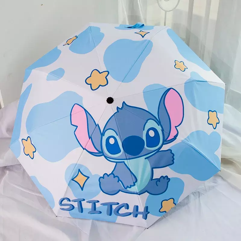 Disney-Lilo & Stitch Cartoon Umbrella, Proteção UV, 3 guarda-sol portátil dobrável para mulheres e crianças, presente
