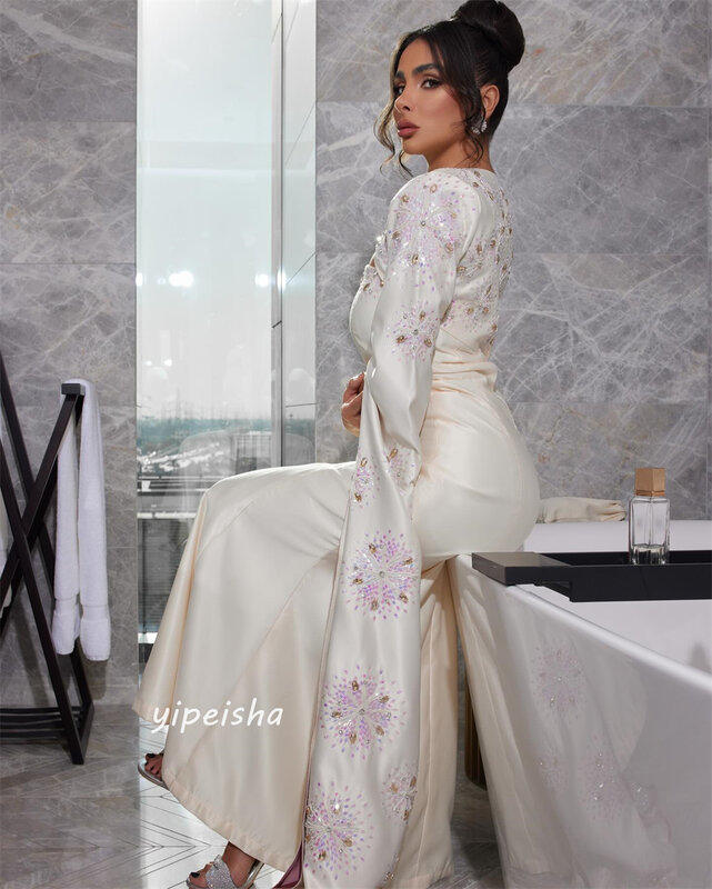 Платье для выпускного вечера Саудовская Аравия, атласное платье с бисером, драпировкой, трапециевидной формы, с V-образным вырезом, платье на заказ, платья с длинным рукавом