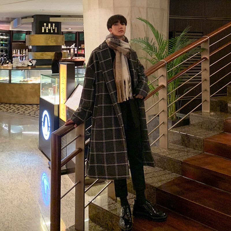 Cappotto a quadri autunno e inverno da uomo versione coreana Trend cappotto di lana di media lunghezza studente coppia Trench Fashion