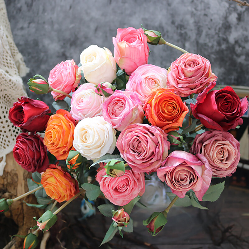 Flores de seda artificiais para decoração de casa, simulado rosa, flor artesanal para casamento, sala de estar, decoração do vaso de Natal