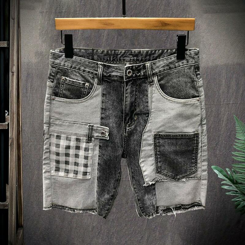 Coleção masculina de shorts jeans de bolso múltiplo, jeans rasgado para estilo, botão de ascensão média, vários bolsos, verão