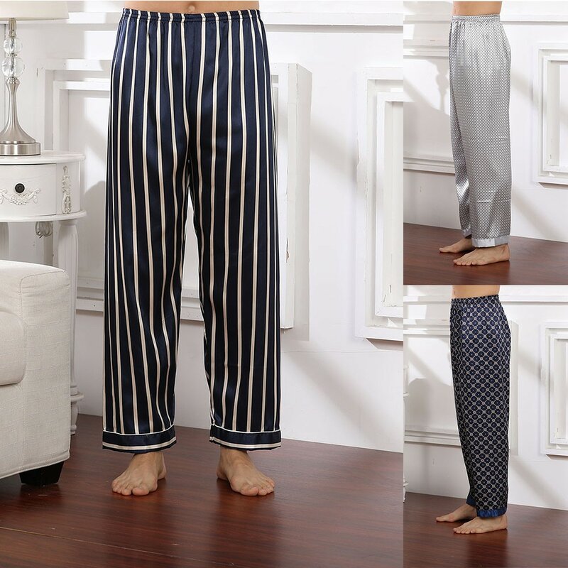 Men Silk Satin Pajamas Pants Lattice Striped Printed Straight Yoga Pants Fashion Casual Loose Holiday Seamless Home Pants