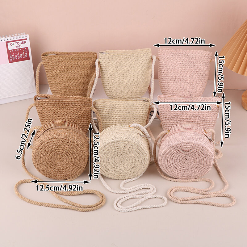 Baby Girl Fashion Casual Solid Straw Shoulder Bags Backpack Accessories Kids Children Cute Round Messenger Candy Color Small Bag