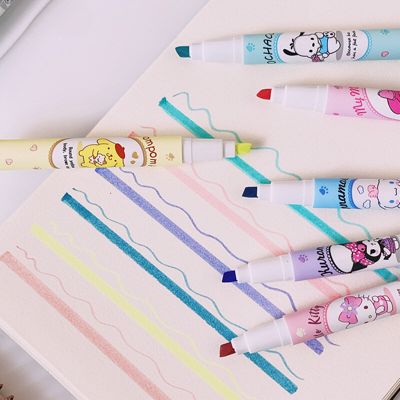 Sanrio Hello Kitty Highlighter Pen Set, Kuromi Kawaii, Melodia, Arte Cinnamoroll, Marcadores Fluorescentes, Escola e Escritório Papelaria, 6Pcs