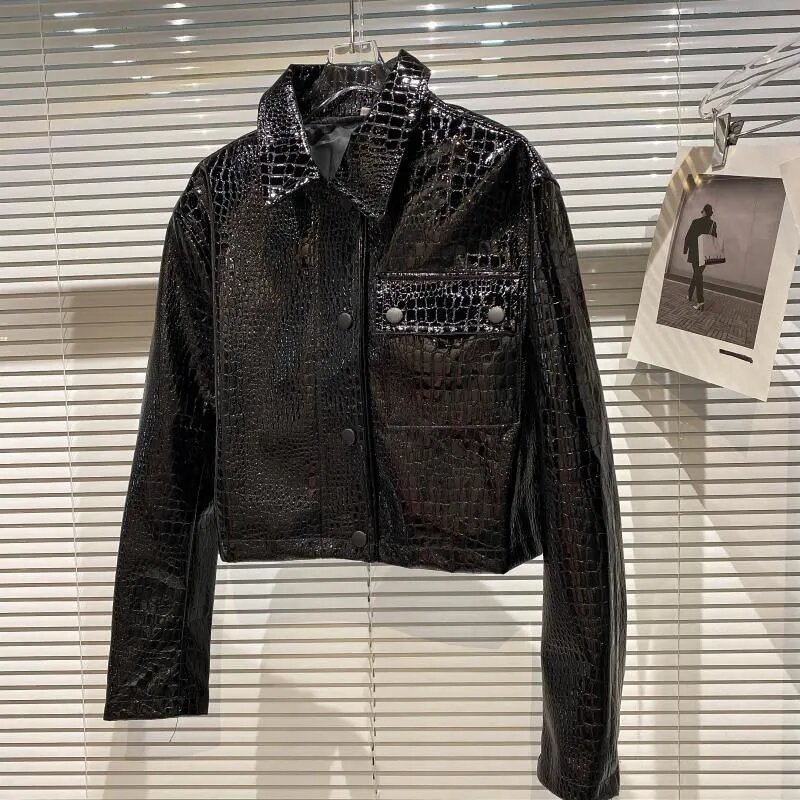 2023 Spring Autumn New Arrival Long Sleeve wild Turn Down Collar Black Faux Crocodile Skin Single Breasted Buttons Tops Jacket