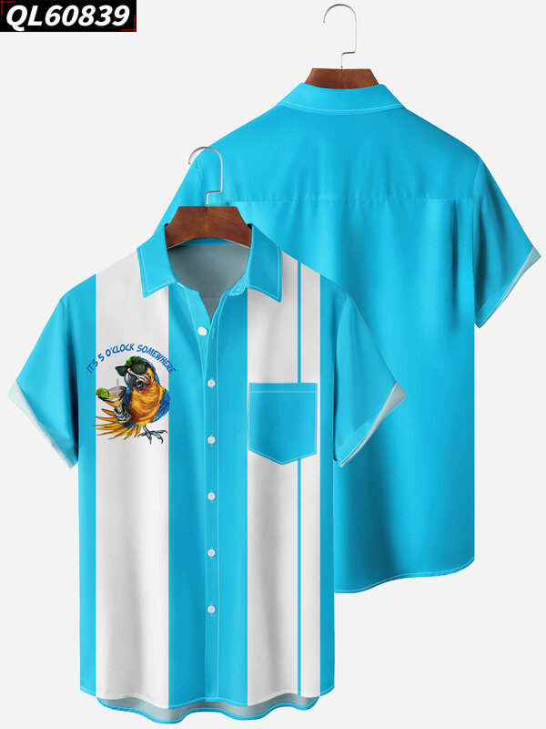 Гавайская рубашка мужская с коротким рукавом, повседневная Праздничная сорочка с карманами, с принтом попугая, лето