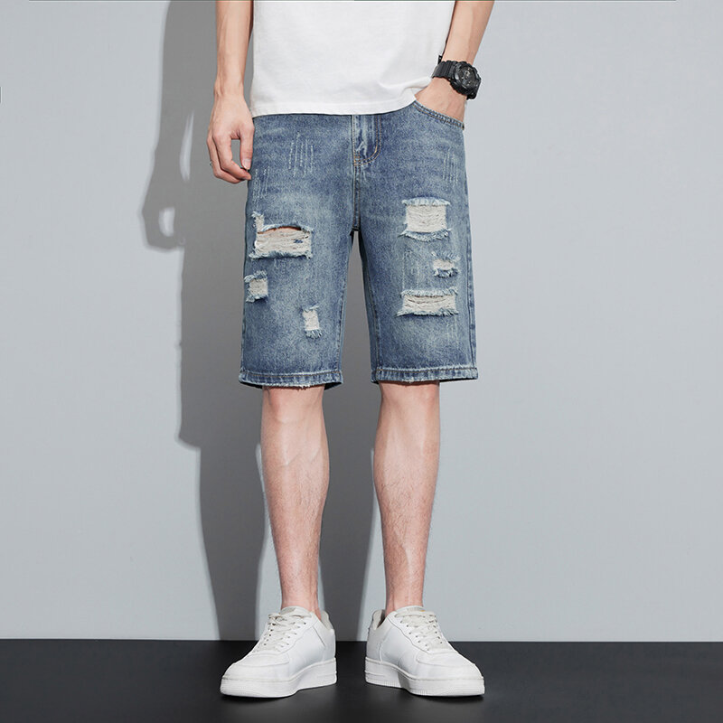 سراويل جينز قصيرة ممزقة للرجال ، جينز ممزق ، ملابس شارع هيب هوب ، بانك ، أزرق ، مفرغ ، الصيف ،