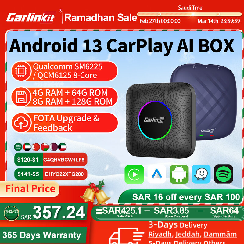 2024 CarlinKit CarPlay AI Box Android 13.0 QCM6225 8-Core Android Auto Wireless CarPlay Adapter 2.4+5GGPS 64G 128G FOTA Upgrade
