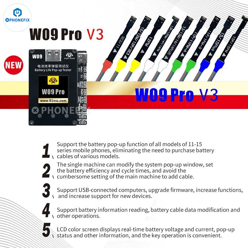 OSS W09 Pro V3 Battery Efficiency Pop-Up Tester, suporta a função de todos os modelos, iPhone 11, 12, 13, 14, 15PM