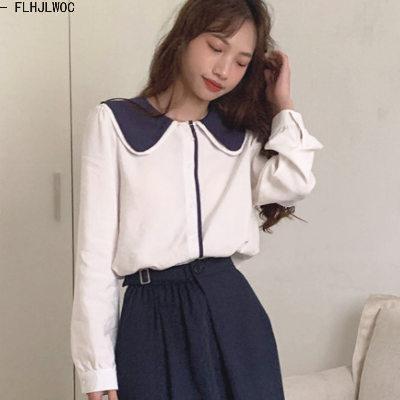 Chique coréia roupas estilo preppy botão camisas feminino bonito doce japão meninas data retro vintage peter pan colarinho blusas