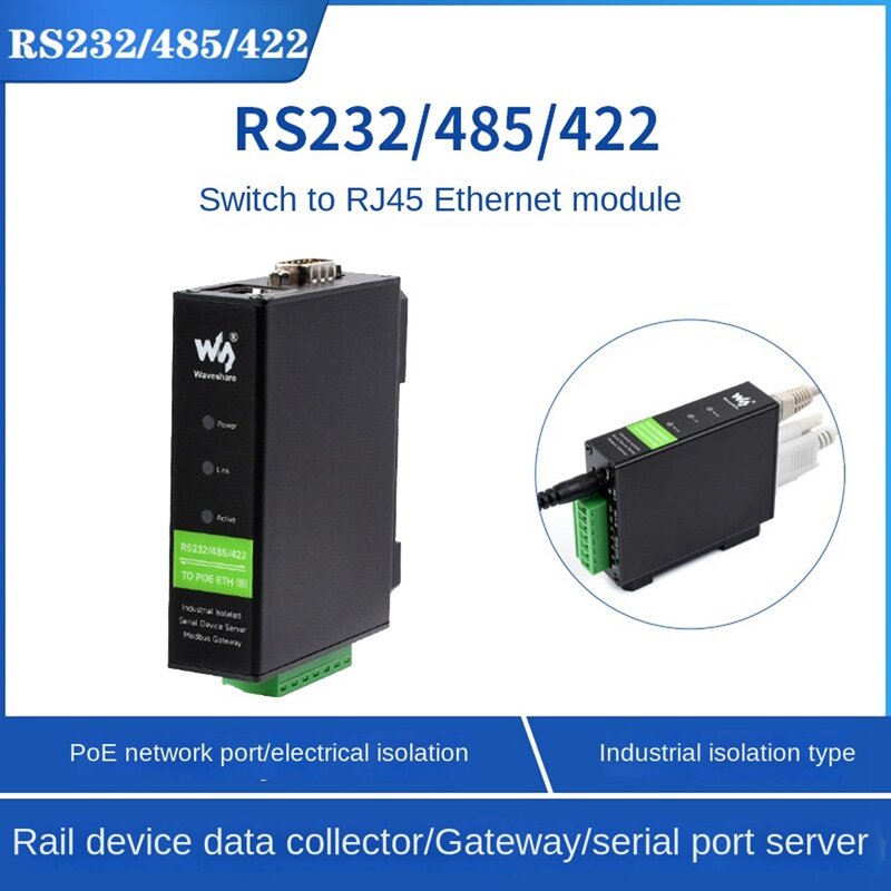 Waveshare-Servidor Serial Isolado Industrial, Módulo TCP/IP para Serial, Tipo Ferroviário, com POE
