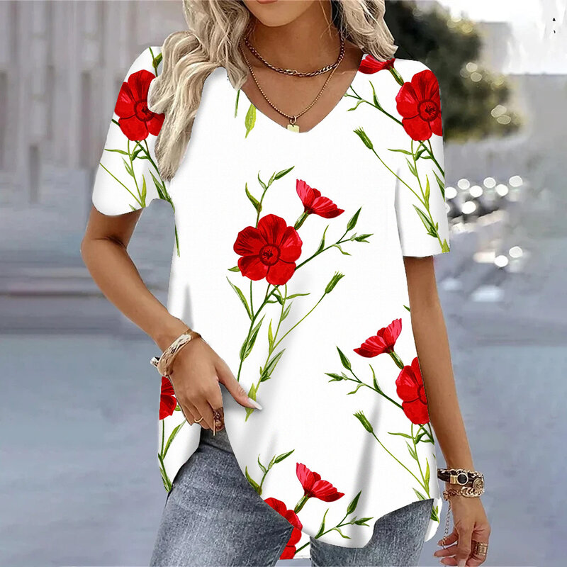 Rosa Vintage feminina estampada camiseta, streetwear, camiseta de Harajuku, roupas femininas, padrão floral, camiseta com gola V, blusa de verão, 2024