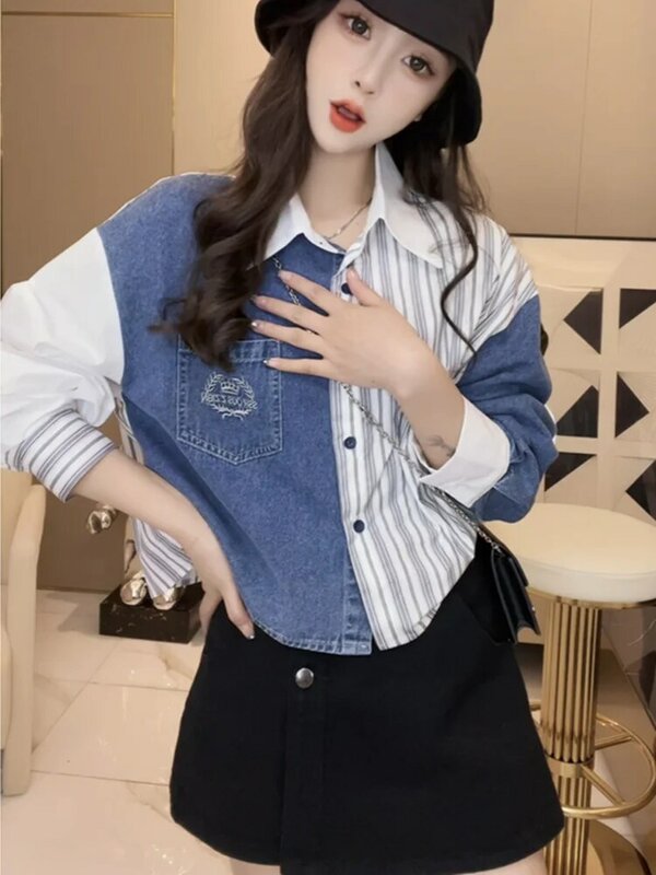 2023Korean Style Early Autumn Loose Fashion Casual Small All-Match Stitching Denim Shirt Simple Coat Women